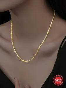 S925 Sterling Silver Simple Glitter Necklace, Fashion Jewelry for Party, Daily Clothing Decor, Trendy All-match & Exquisite Jewelry for Birthday Gift