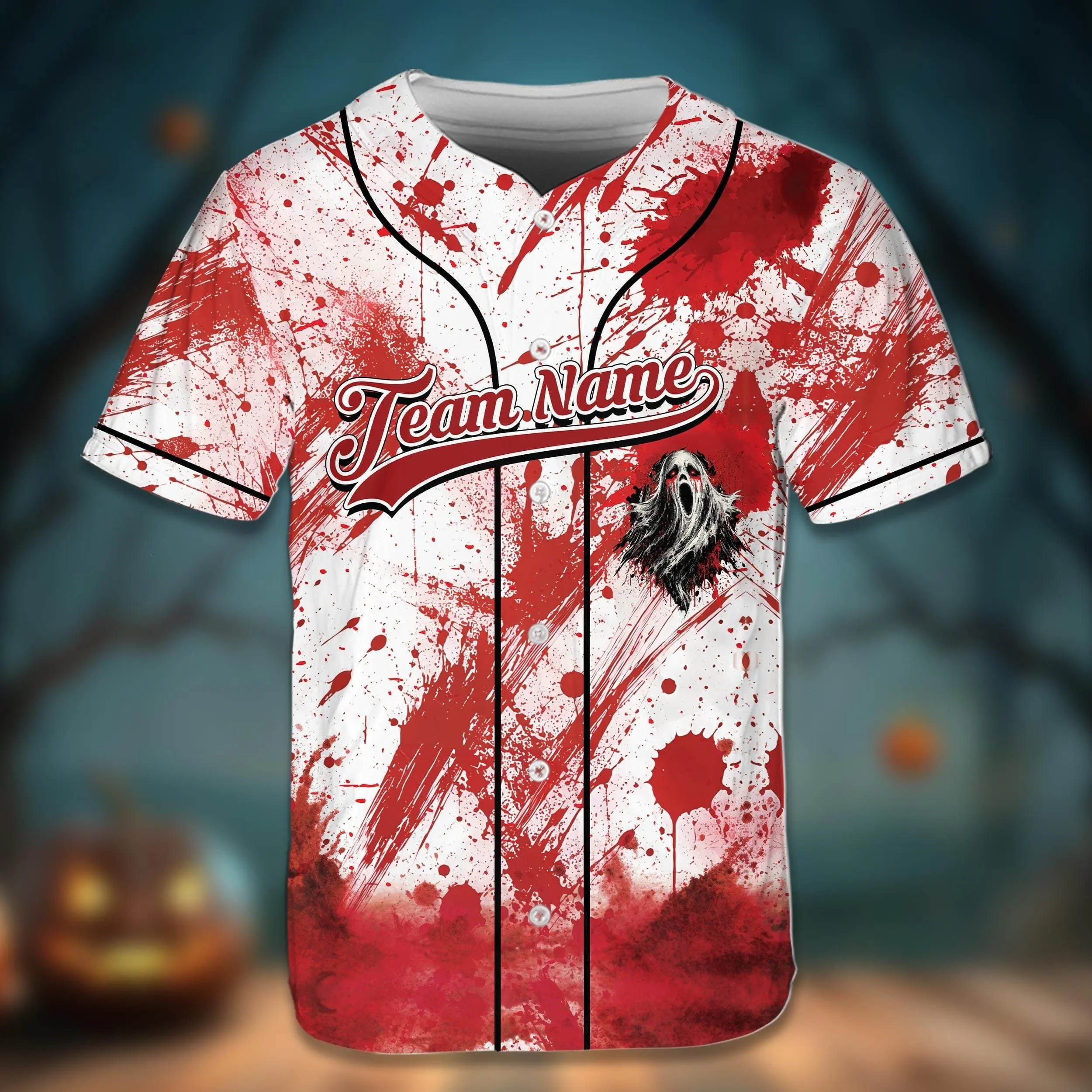 Personalized Bloody Ghost Halloween Baseball Jersey, Custom Name Number Horror Sports Shirt with Blood Splatter Design for Halloween Party