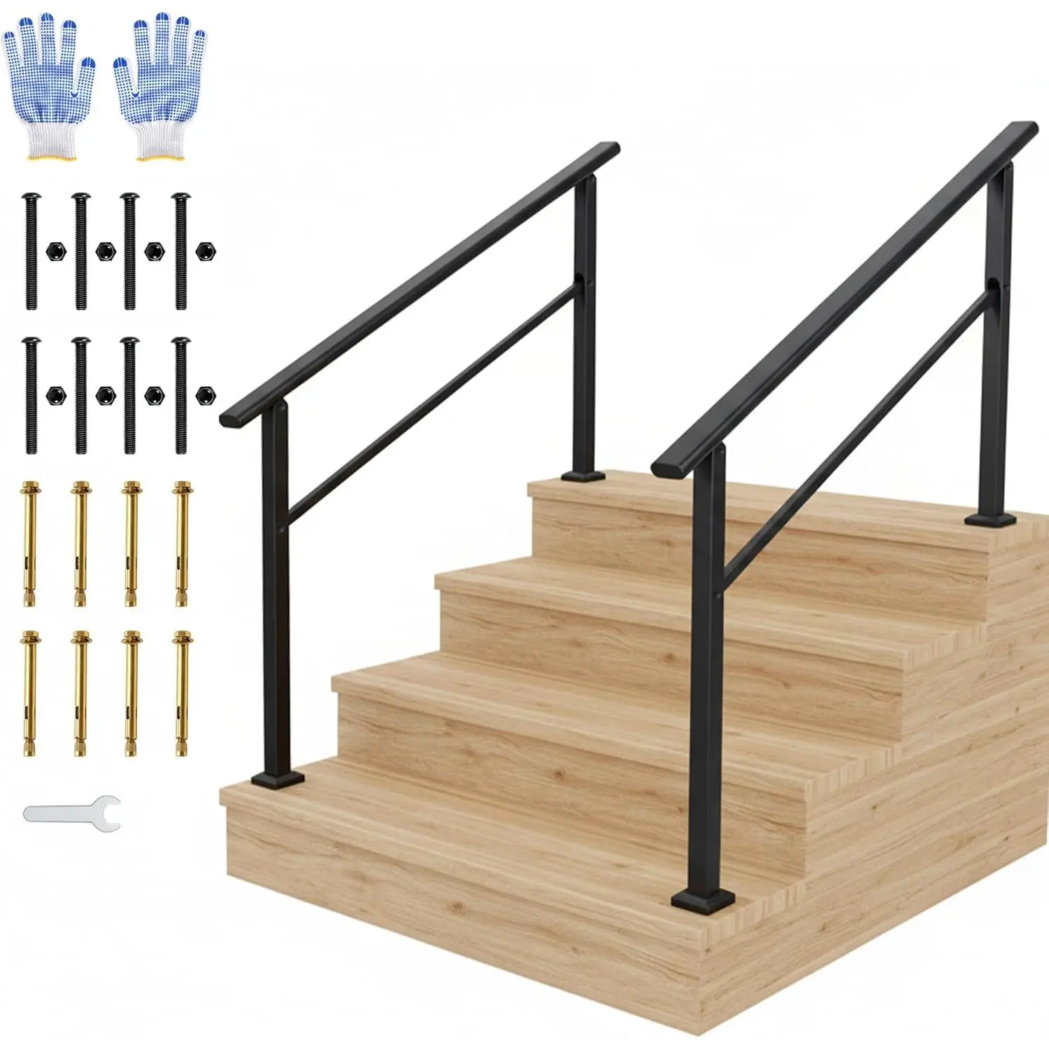 Black Aluminum 4-Step Handrail Kit with Iron Posts - 2-Pack, Indoor/Outdoor Stair & Porch Railing, Includes Gloves