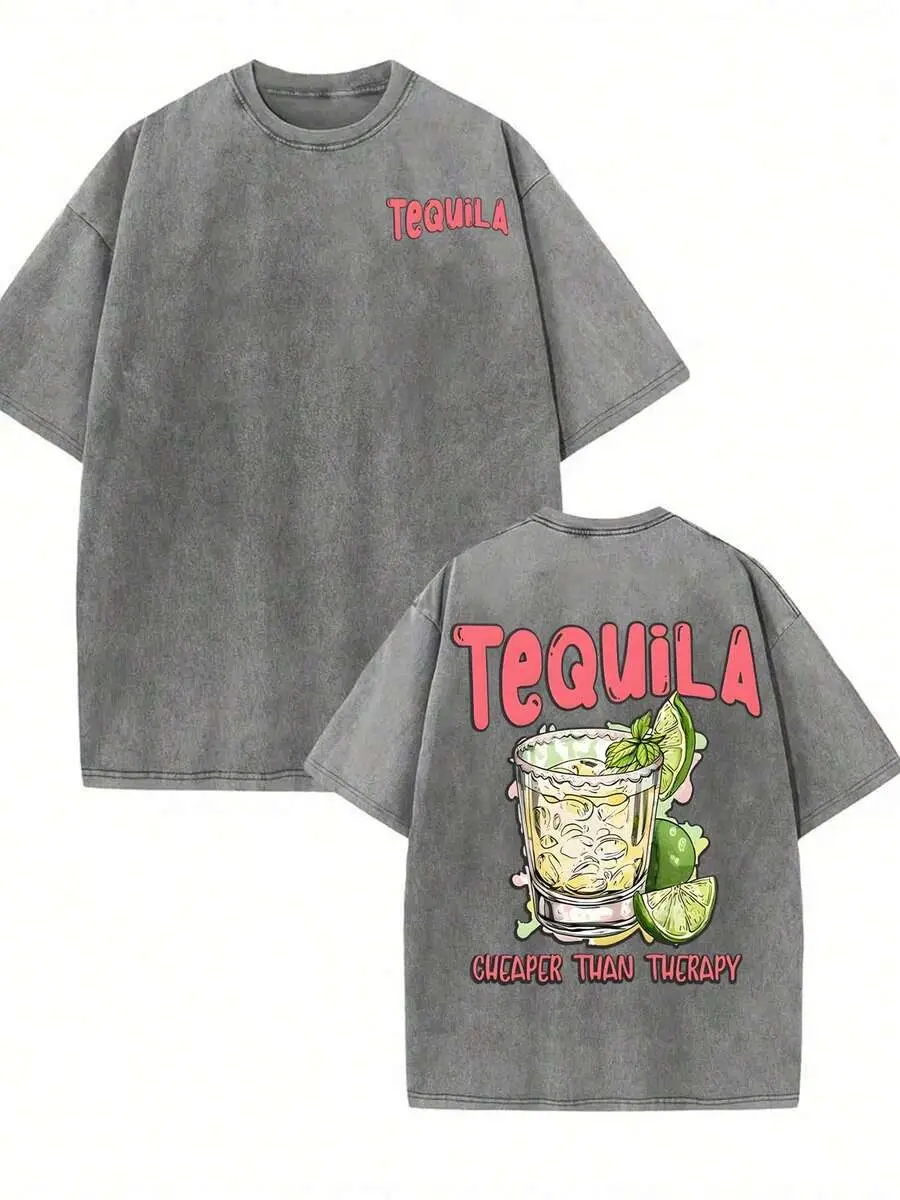 Vintage Tequila T-Shirt, Tequila Cheaper Than Therapy Washed Gray Cotton Oversized Short Sleeve Tee, Retro Funny Alcohol Graphic Casual Crewneck Shirt for Party Lovers
