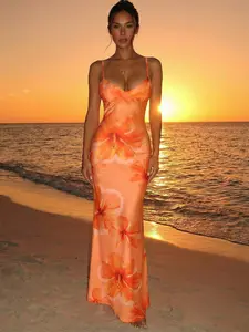 Summer Vacation Halter Tie Waist Bodycon Sexy Print Dress, Ideal for Beach Holidays, Hawaiian Style, Music Festivals, Summer Dresses
