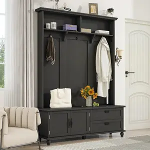 80 Inch Entryway Hall Tree with Bench and Storage, 3-in-1 Entryway Bench with Coat Rack & 2 Drawers, Widen Mudroom Bench for Hallway, Living Room, Black