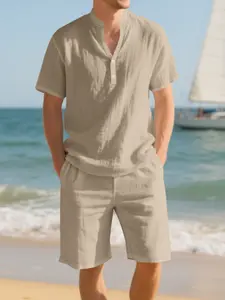 Men's Trendy Casual Linen 2-Piece Set, Henry Neck Shirt & Shorts, Summer Beach Vacation Style, Easy Match for Beach & Daily Wear