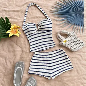 Summer Women's Black and White Striped Two-Piece Swimsuit Bikini with Halter Neck, Slimming Effect, Beach Swimwear for Women