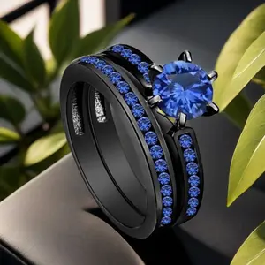 2-Piece Premium Black Golden Plated Couple Blue Rings Set with Round Zircon  Wedding Engagement Promise Rings for Him & Her  Bride Eternity Anniversary Birthstone Ring  Romantic Holiday Gift for Lovers