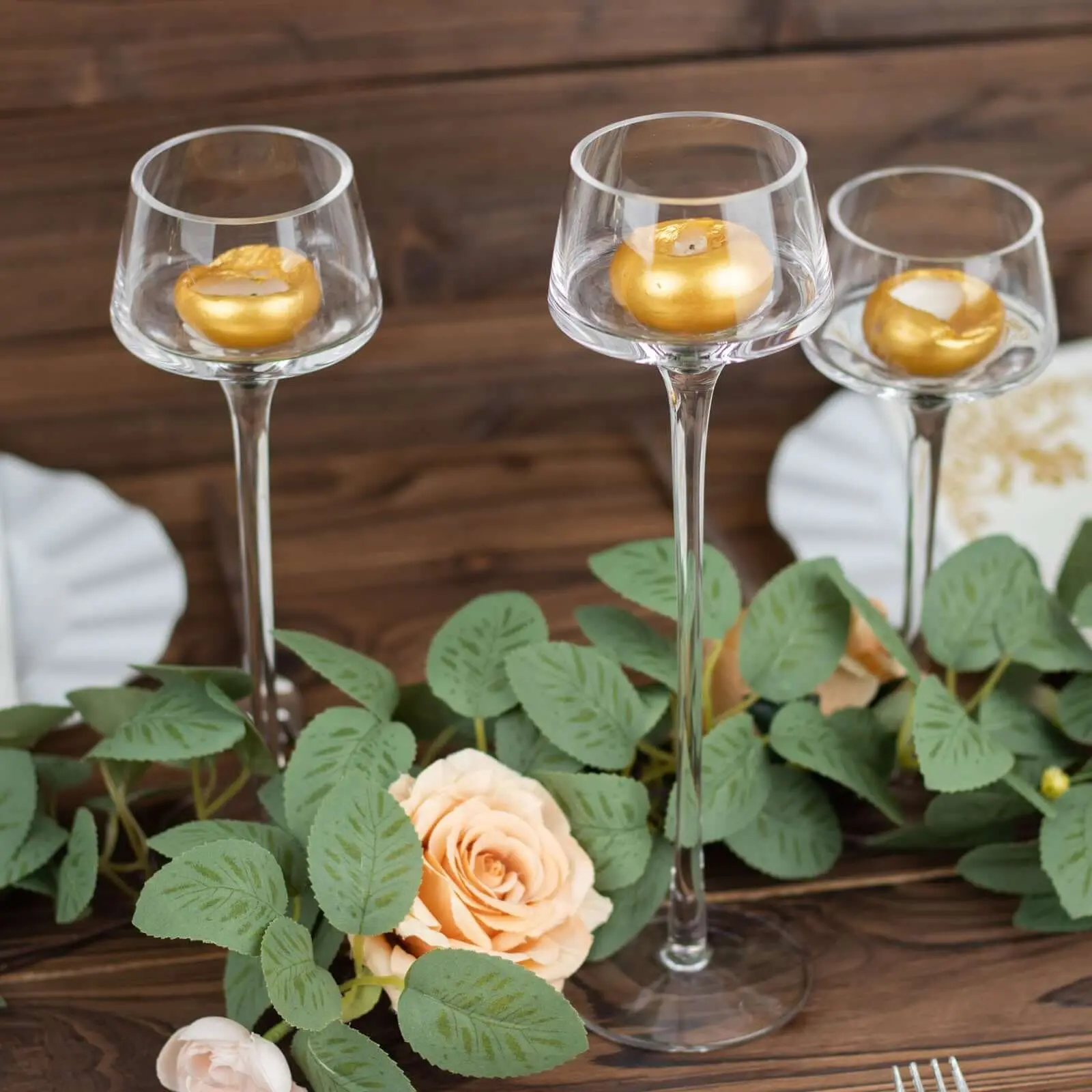Set of 3 Glass Pedestal Vases Long Stem 8", 9", 10" Clear - Tall Tealight Candle Holders for Weddings