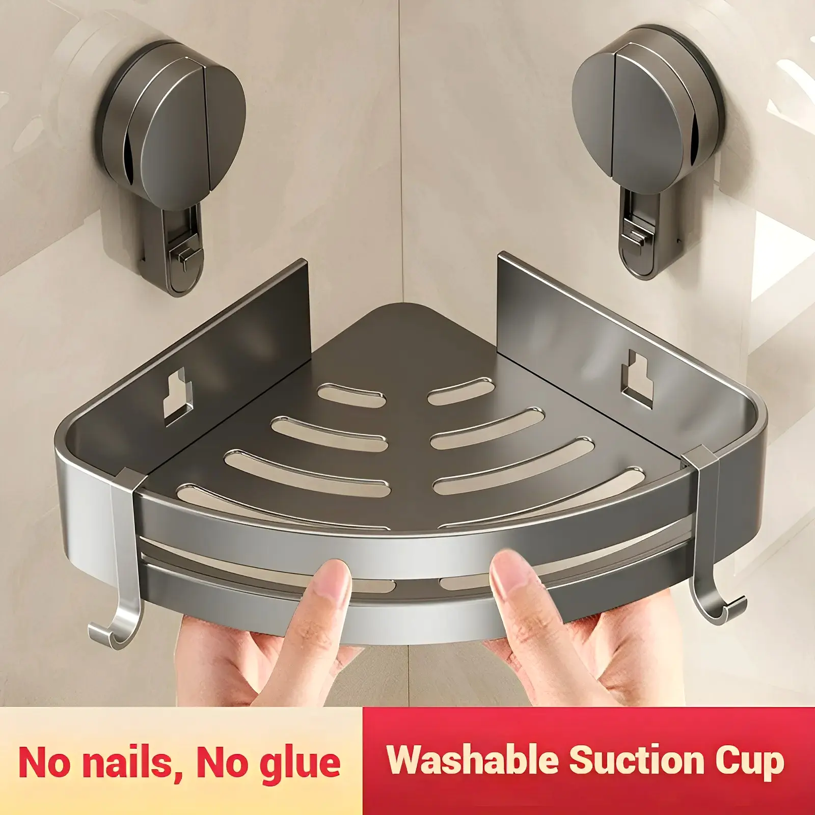No-Drill Aluminum Shower Caddy with Drainage, Hooks & 1-Touch Installation - Rustproof Waterproof Shower Organizer, Wall-Mounted Bathroom Shelf for Bathroom, Apartment (Note Usage Scenarios & Installation Steps)