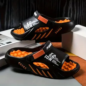 Men's Bold Black & Orange Colorblock Hollow Out Design Clogs - Anti-Slip Sole, Cushioned Insole, Breathable & Comfortable for Indoor & Outdoor Wear Casual Slipper Shoes Summer Beach Slippers