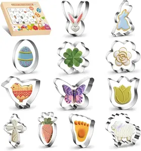 12PCS Spring Easter Cookie Cutters, Stainless Steel Metal Biscuit Cutter Molds, Easter Egg Bunny Face Rabbit Carrot Butterfly & Daisy Flower Shaped Sandwich Fondant Molds for Party Supplies Decor