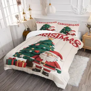 Lightweight Christmas Quilt, Anti-Pilling Holiday Bedding Set, Includes 1 Blanket and 1/2 Coreless Fitted Sheet, Cartoon Santa Claus Print