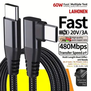 1pc/2pcs USB C to USB C Cable 60W 3A, 90 Degree 3.3/6.6/10ft Nylon Braided Type C to Type C PD Super Fast Charging Lead Compatible with for MacBook Pro, for iPad Pro, for Galaxy, USB C Charger