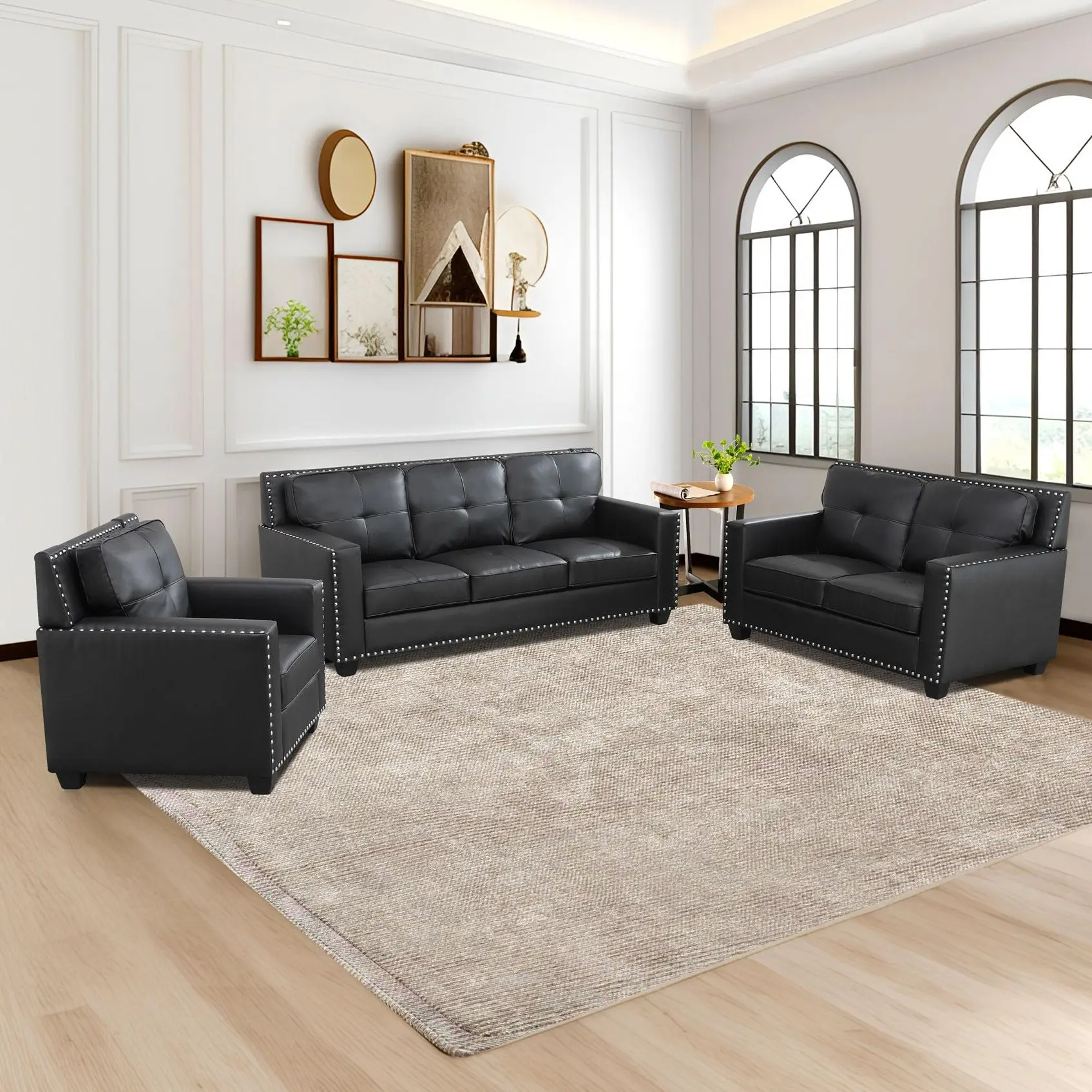 Black Faux Leather 3-Piece Sofa Set - Living Room Armchair & Modern Loveseat Combo, Soft Padded Cushion Back, Sturdy Frame, Easy-Clean Waterproof Upholstery, Assembly Required, Fixed Arms, Space-Saving Indoor Furniture for Apartment Studio, Couch Set, Con