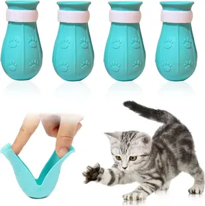 Anti-Scratch Cat Shoes 4 Pack, Pet Supplies Scratch Deterrent Booties, Grooming Accessories Silicone Nail Gloves, Adjustable Claw Cover for Bathing Shaving Checking Treatment (Blue)