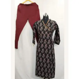 Black Printed Work cotton Kurti With Pant