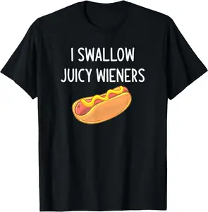 Funny T-Shirt Unisex I Swallow Juicy Wieners Graphic Print 100% Cotton Relaxed Fit Casual Crewneck Top  Menswear Classic Cartoon Style Streetwear Soft