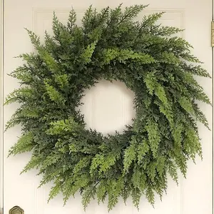 24" Real Touch Christmas Cedar Wreath Artificial Cedar Wreaths Faux Green Fake Pine Needles for Front Door Wall Windows Home Outdoor Xmas Decor