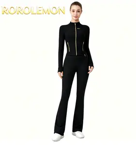 ROROLEMON Cropped Luxury Gold Zip Jacket & Flared Pants Set