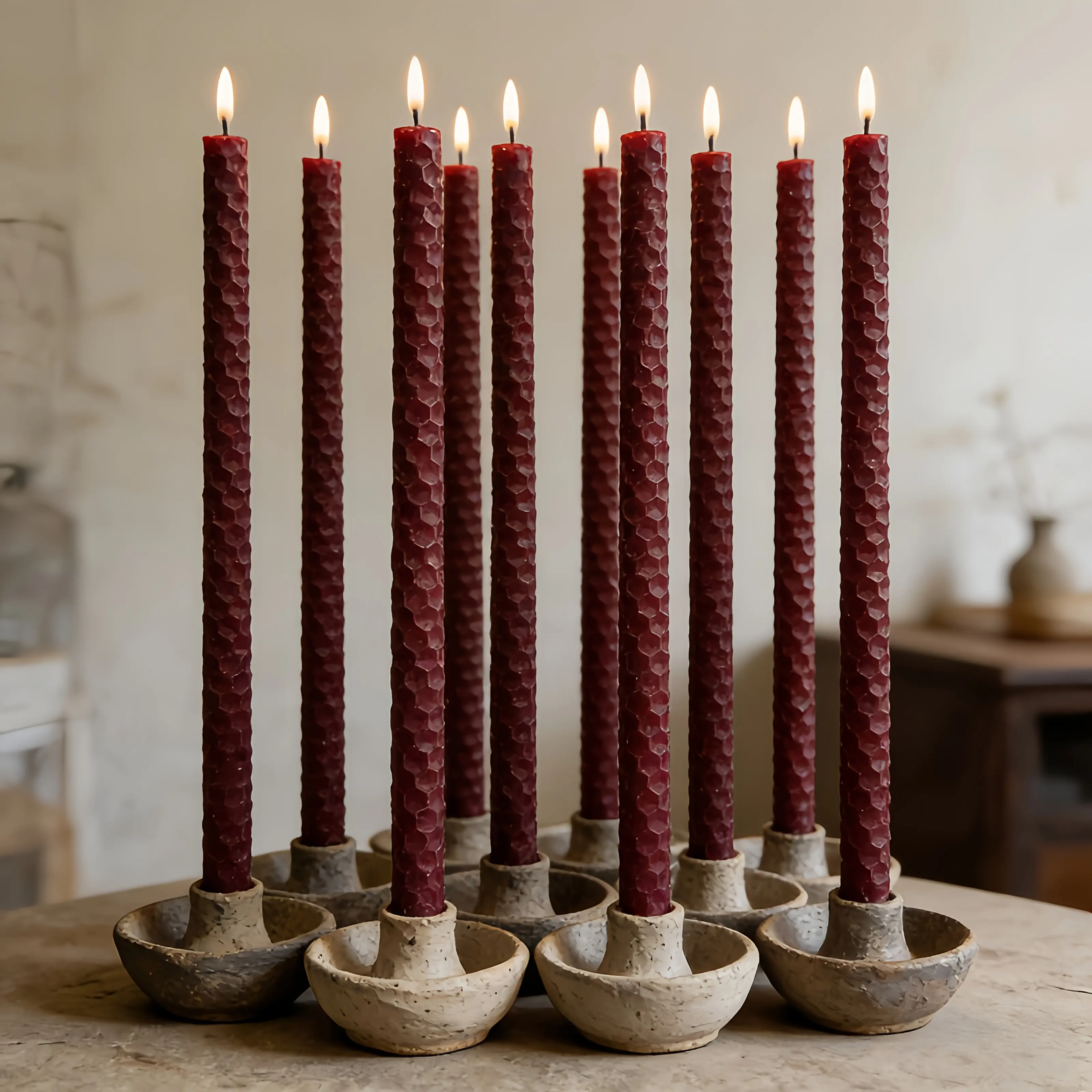 10pcs burgundy honeycomb beeswax taper candles 1×20cm handmade rolled witch spell candles, spiritual meditation altar decor, holiday gift for christmas valentine halloween home decoration