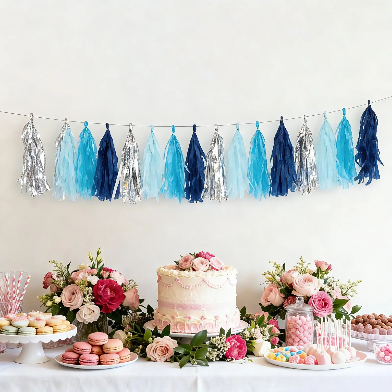 16-Pack Pre-Tied Foil Tassel Garland Party Decoration - Blue & Silver Paper Tassels, 10ft Hanging String, Wall Hanging Ornament for Baby Shower Festive Supplies