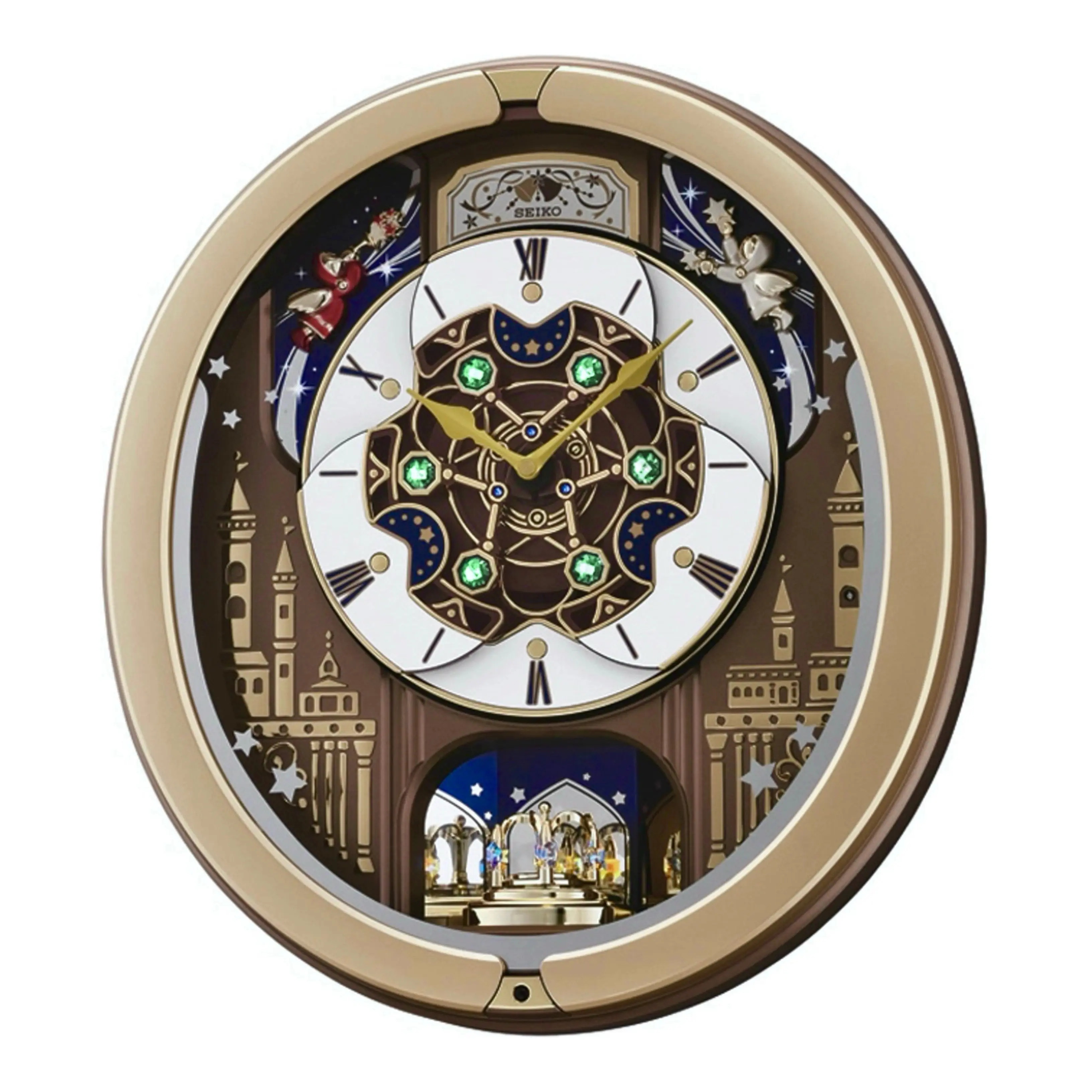 Seiko QXM350GRH "Starry Skyline" Melodies in Motion Dancing Dial Musical Wall Clock with 18 Songs