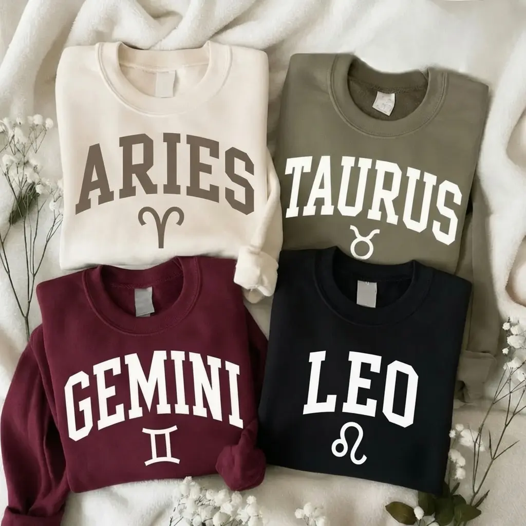 Minimal Zodiac Sweatshirt, Custom Astrology Crewneck, Aries Taurus Gemini Leo Pullover, Varsity Horoscope Crewneck, Zodiac Birthday Gift for Women & Men