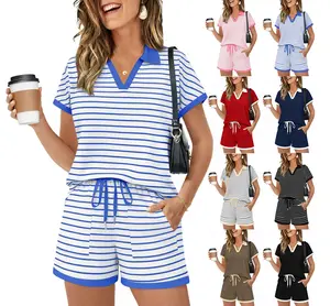 Striped 2 Piece Outfits Casual Sweatshirt Short-sleeved shirt Set  Sleeve Skort Workout Set Matching Lounge Sets Women's Matching tiktokshopspringglowup,summervibes