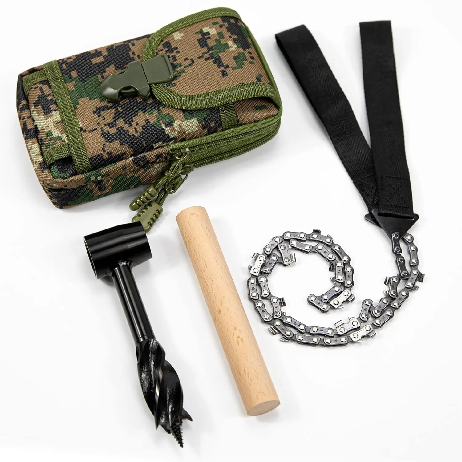 Settlers Tool Set, Bushcraft Hand Auger Wrench with Pocket Chainsaw, Bushcraft Gear and Equipment  Eye  Drill Peg and Manual Hole Maker Multitool for Camping, Bushcrafting