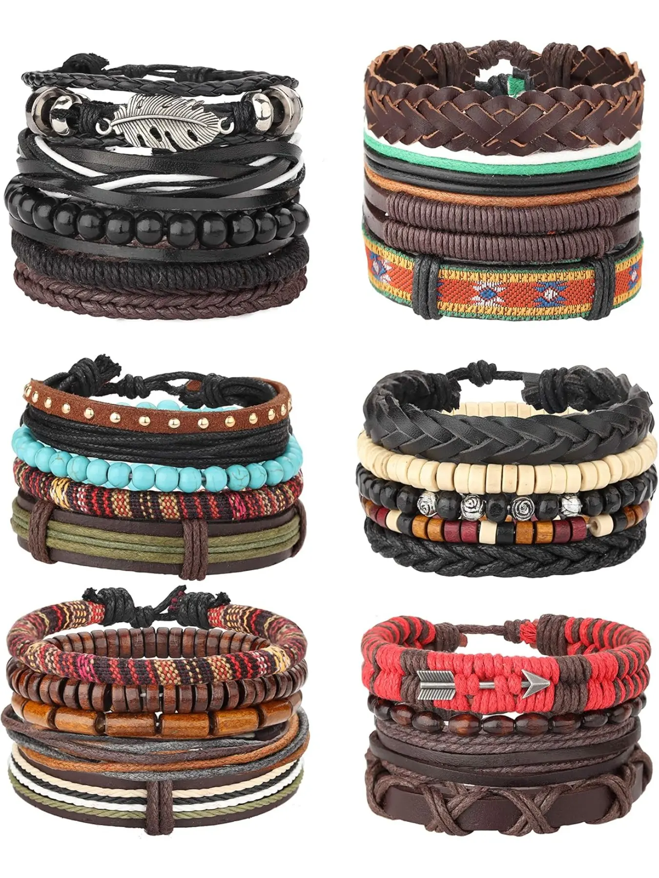 22-32 Pcs Braided Leather Bracelet for Men Women Woven Wrist Cuff Bracelets Hemp Cords Wood Beads Ethnic Tribal Handmade Wrap Adjustable Beaded Bracelets Beaded Bracelet Pack