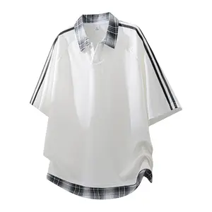 Men’s summer polo shirt, faux two-piece plaid patchwork with contrasting stripes, loose fit, plus size, breathable cool feel, turn-down collar, short sleeves, American retro trendy bad boy casual versatile half-length sleeve top