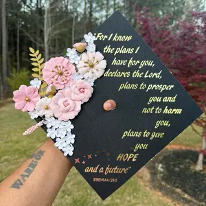 Graduation Cap Topper with Prayer on Black Background and Floral Accents