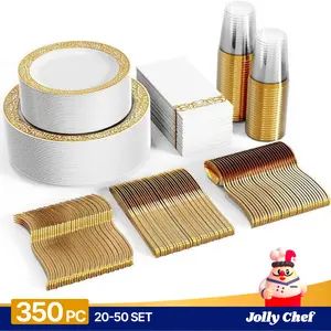 25/50set(175/350pc) Disposable Plates and Tableware Set Gold/Silver/Black/White/Rose  : Dinner Plates,Dessert Plates,Cups,Napkins,Knife,Forks,Fpoons-Perfect for Luxury Party Reusable | BPA Free Dinnerware Service Set Porcelain Dinnerware Set