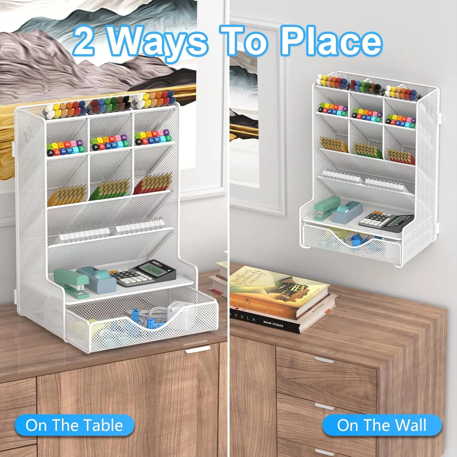 High-Quality Metal Multi-Purpose Organizer - Aesthetic White Desktop Storage with Drawer, Pen Pencil Holder, Wall Mount for Art Supplies & Office Accessories