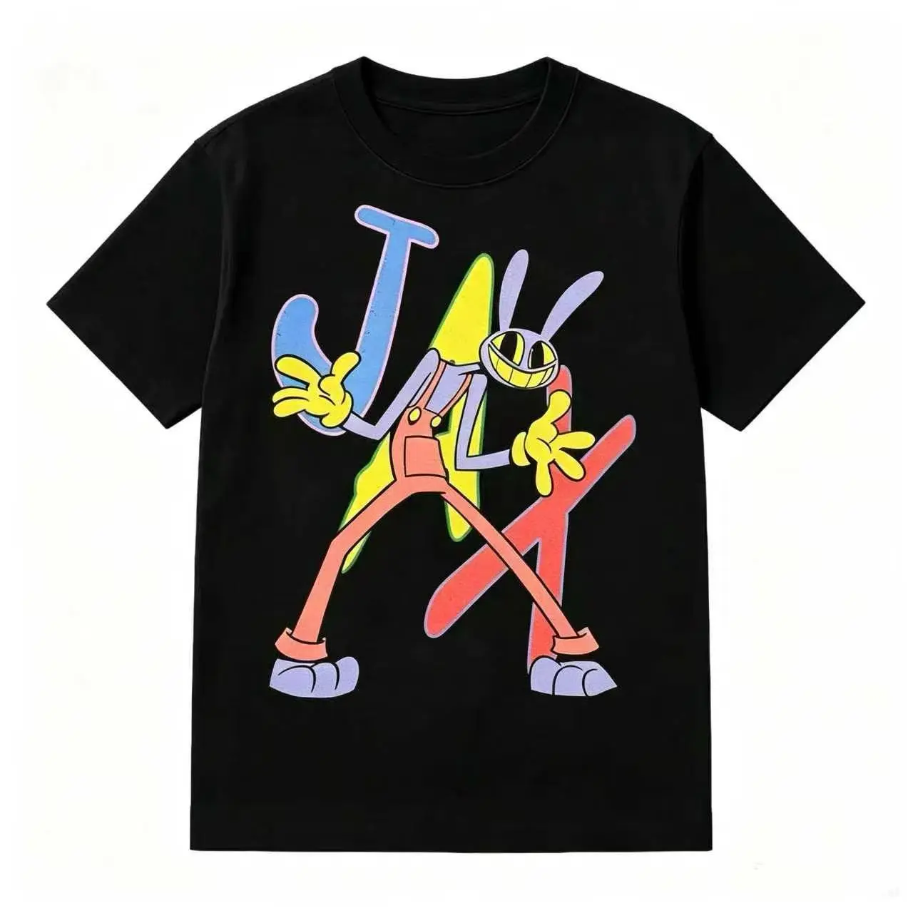 Men's Washed Black Crew Neck Short-Sleeve Graphic T-Shirt, Unisex The Amazing Digital Circus Jax Character Print Streetwear Tee with Washed Fabric, Menswear Tops