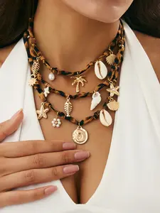 Boho Metal Starfish Shell Conch Pendant Charm Necklaces Set, Vintage Ocean Style Jewelry for Women, Daily & Vacation Wear, 3 Piece Set