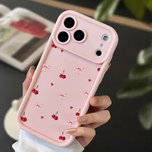 Cherry & Bow Love Phone Case for iPhone 16e 15 17 Air 16 14 13 12 11 Pro Max Plus X XS Full Body Protection Shockproof Soft Silicone Cover with Adorable Cherry Design
