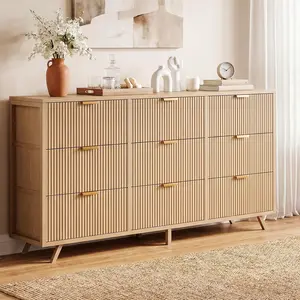 Fluted Fabric Dresser, Modern Chest of 9 Fabric Drawers for Bedroom, Large Dressers with Metal Frame & Wooden Top, Storage Organizer Closet for Living Room, Entryway