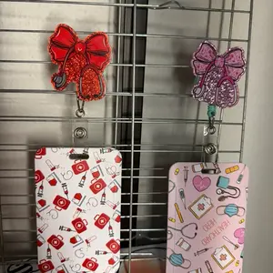 ID Card Holders with Badge Reel - Red and Pink Bow Design for Medical Professionals and others -Live claim