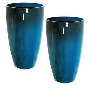 SUNNYGLADE 2Packs 21 inch Tall Planter, Indoor Outdoor Blue Glossy Round Planter for Porch, Large Flower Pot with Drainage Hole for Home Garden Front Door