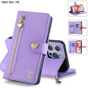 Love zipper leather card wallet box phone case+wrist strap, suitable for iPhone17 16/15 Pro Max/14/13/12/11, flip design, durable protection, stylish appearance, can be inserted with a card, anti-theft brush, women's flip, fashionable protective shell as
