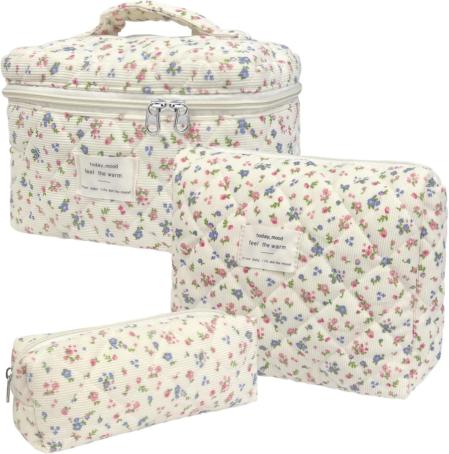 FEVERLZONG 3-Piece Quilted Floral Makeup Bag Set, Large Padded Cotton Cosmetic Organizer with Pouch and Pen Holder for Travel, Vanity Organization, Makeup Organizer Pouches, Travel Makeup Bags Organizers