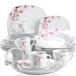 VEWEET Cutlery, Porcelain Dinnerware Sets for 4/6, White Tableware Dish Set with Pink Floral, 18/20/24/30 PCS Series Annie Winter Holiday