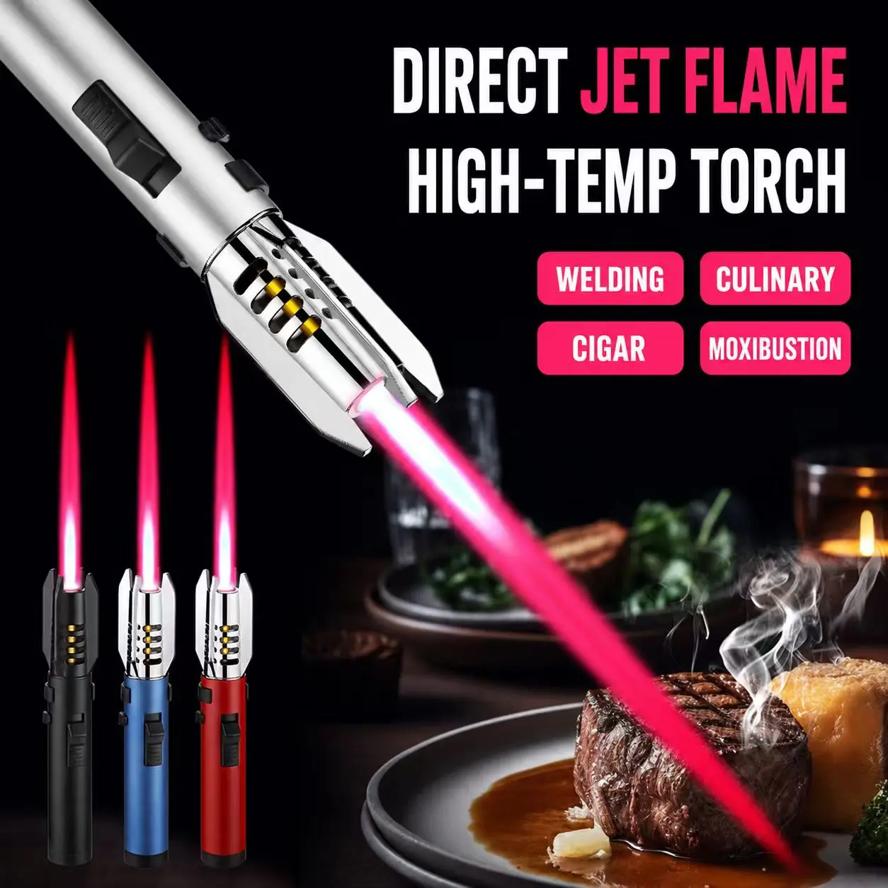 Metal Windproof Torch Lighter, Metal Gas Lighter, Kitchen Baking Flamethrower, Powerful Jet Butane Gas Welding Gun, Cigar Tool, Suitable For Outdoor Ignition, Barbecue Charcoal, Mosquito Coils And Aromatherapy, Holiday Gifts (Without Gas)