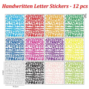12Pcs Handwritten Letter Number Stickers - Colorful Alphabet Stickers for Scrapbooking, Journaling, Card Making and DIY Crafts, Easy to Apply