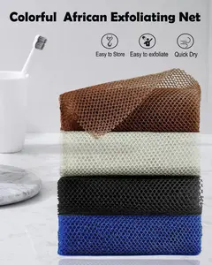 [New Deal]- 4 Pieces African Exfoliating Net Sponge, 33 inch Long Bathing Sponge Shower Body Scrubber Net for Back Skin Smoother, Daily Use (Black/Blue/Brown/Beige)
