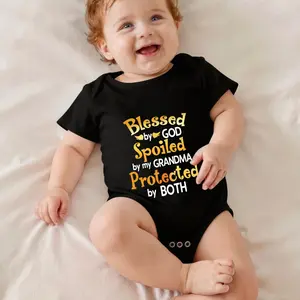 Blessed By God Spoiled By Grandma Protected By Both Print Bodysuit Baby Rompers Short Sleeve Cotton Toddler Rompers Graphic Print Baby Clothes One-Piece Outfit