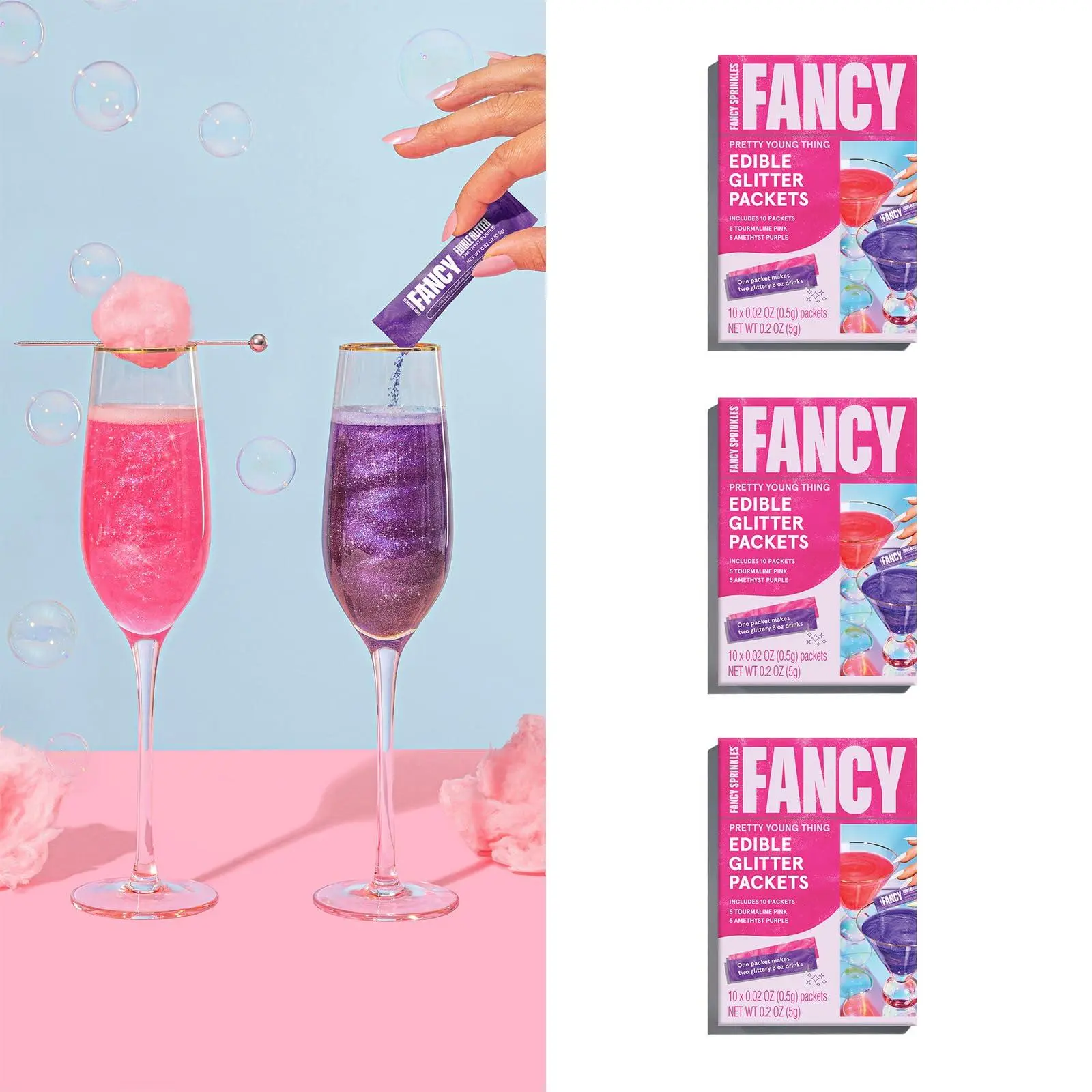 Fancy Sprinkles Pretty Young Thing Edible Glitter Packets | Tourmaline Pink & Amethyst Purple | 3-Pack Pink & Purple Drink Glitter for Cocktails & Champagne | Bachelorette Party Pack | 30 Packets