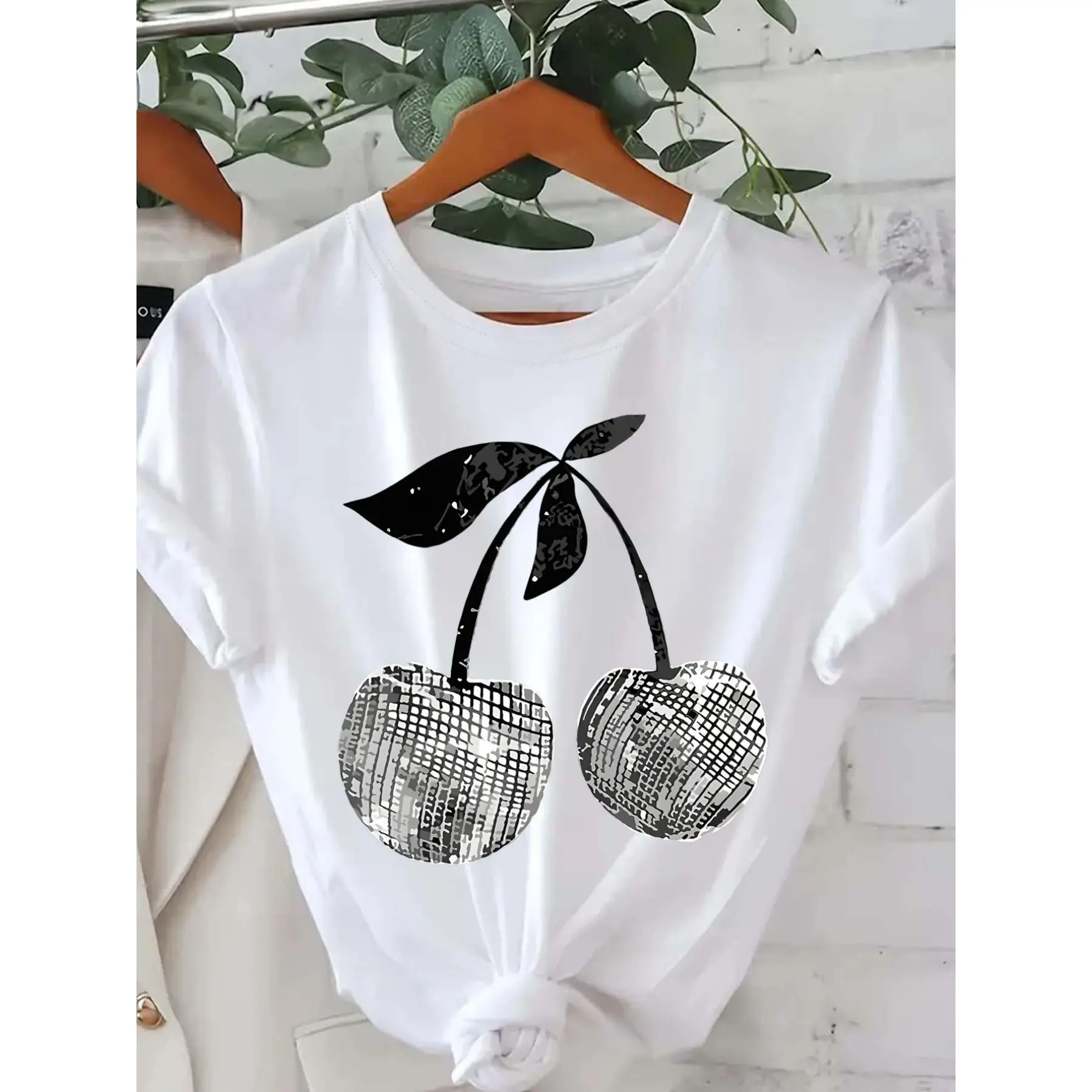 Women's Silver Cherry Graphic Print Short-Sleeve Round Neck Comfortable Casual Sports Top, Style-Focused Women's Clothes for Spring & Summer, Fathersdaygift