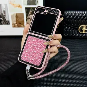 Pearl Water Drop Phone Case for Samsung Galaxy Zflip7 Zflip6 Zflip5 Z FLIP3 4, Luxury Fashion Women's Cover with Bracelet, Portable Design, Protection