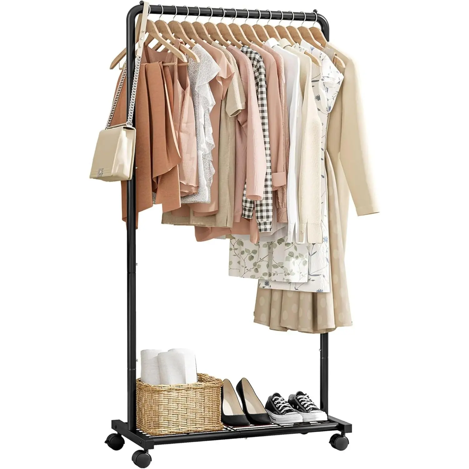 Heavy-Duty Metal Clothes Drying Rack - 28.0"x16.9"x59.0" Black, Durable Sturdy Garment Rack with Storage Mesh Shelf, Casters, Easy Assembly, Large Load Capacity, Home Supplies Laundry Tool Accessory