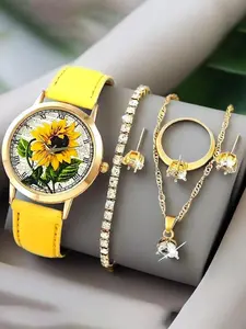 Six piece personalized trendy new retro girl belt quartz sunflower antique watch set